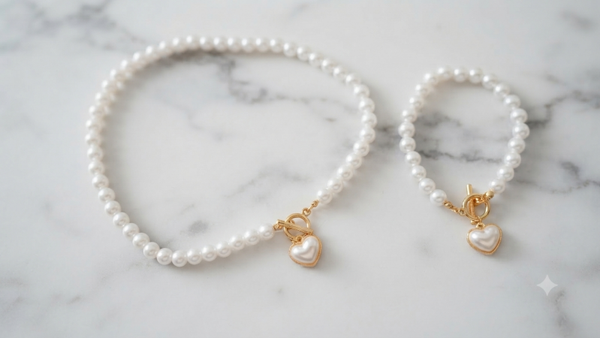 Elegantes Perlen-Schmuckset „Romance“ – Halskette & Armband mit Herzanhänger für Frauen