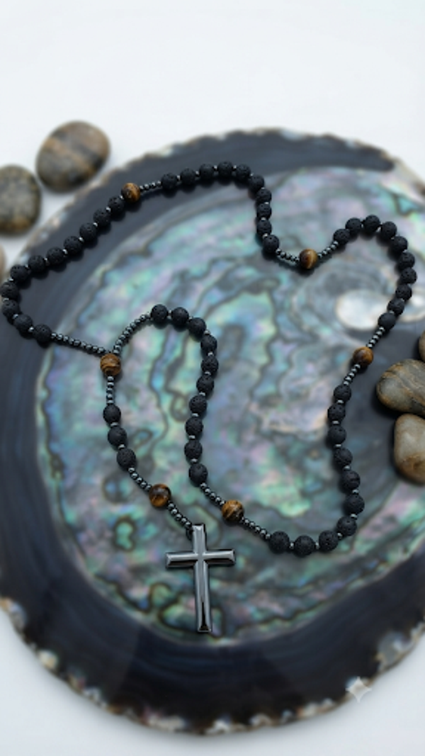 Edle Rosenkranz-Kette mit Kreuz-Anhänger für Männer
