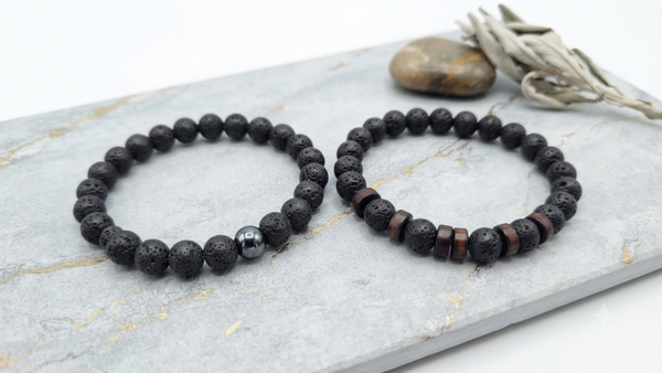 Robustes Lava- und Holzperlen-Armband-Set (6 mm) für Männer