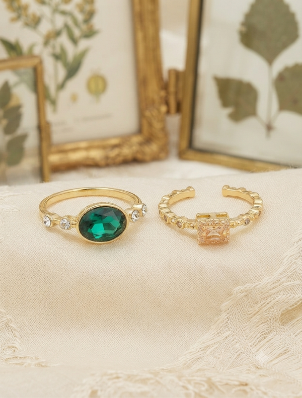 Ring-Set „Smaragd & Kristallquadrat“ für Frauen