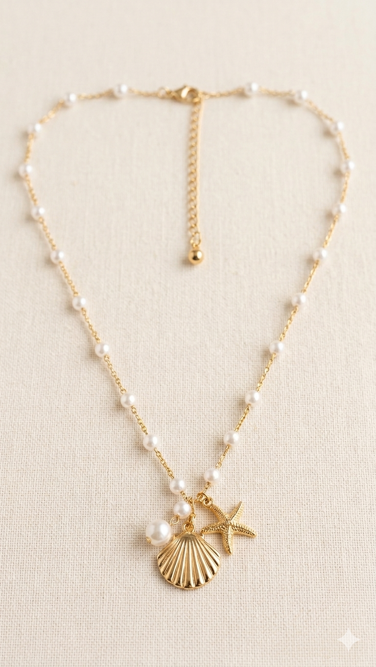 Maritime Perlen-Halskette mit Muschel & Seestern in Gold-Optik – Stylischer Modeschmuck  (Für Frauen)