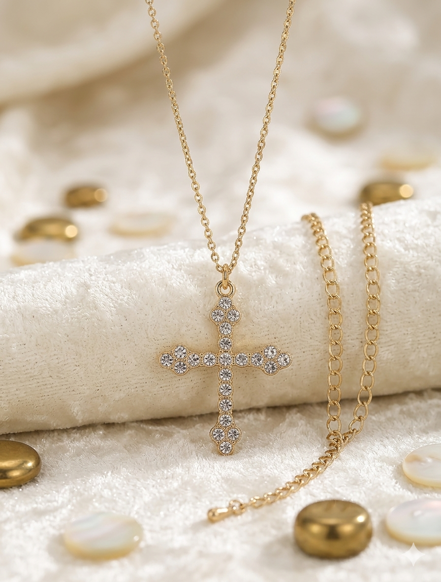 Prachtvolle Barock-Kreuz-Halskette mit Kristallen in Gold-Optik – Stylischer Modeschmuck  (Für Frauen)