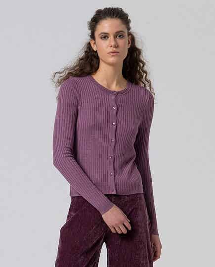 Surkana, fitted ribbed cardigan round neck, powdered mauve