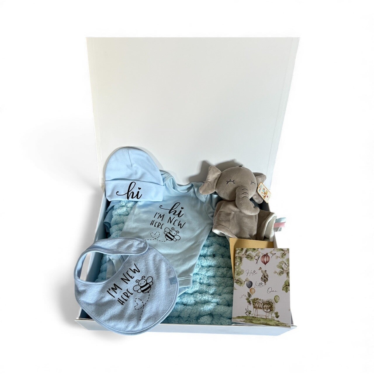 New Baby Gift Set – “I’m New Here” Bee Vest, Hat & Bib | Optional Hand-Knitted Blanket & Elephant Comforter