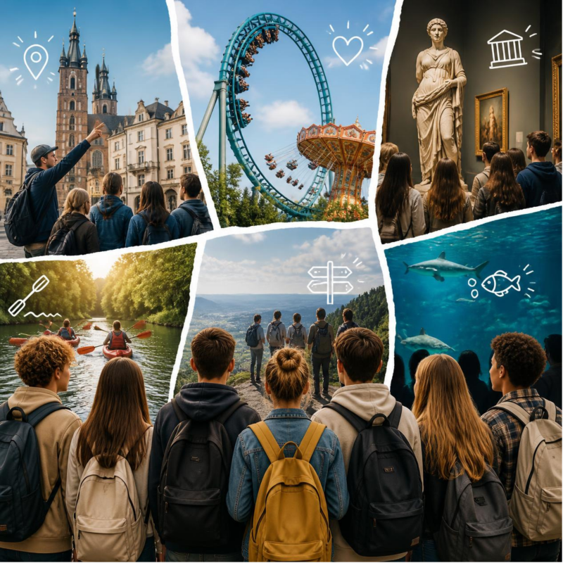 Schülergruppe bei einer Klassenfahrt mit verschiedenen Ausflugs- und Freizeitaktivitäten
