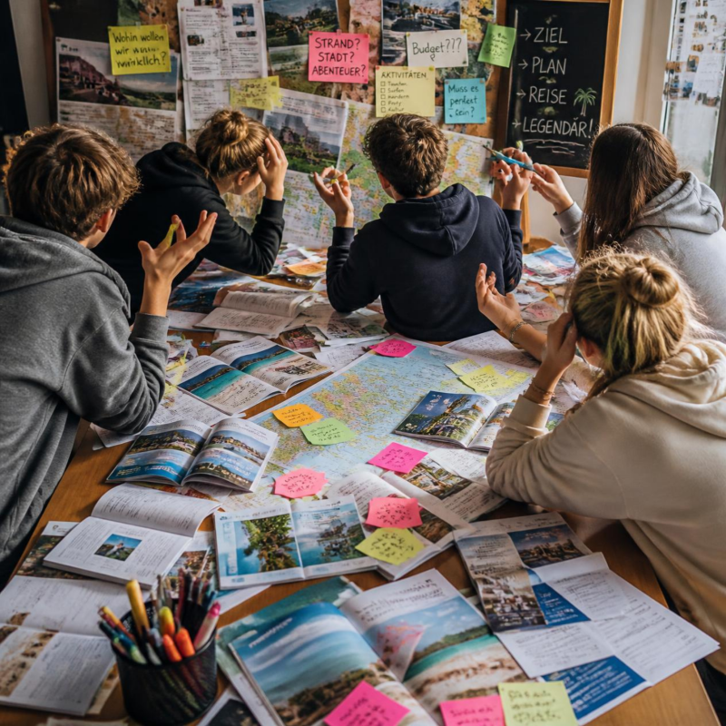 Schülerinnen und Schüler planen gemeinsam ihre Abschlussfahrt