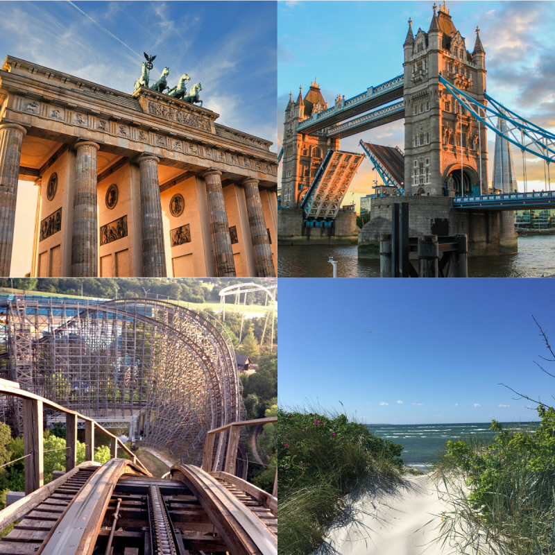 Collage mit Ostsee, Berlin, Freizeitpark und London als mögliche Ziele für Klassenfahrten