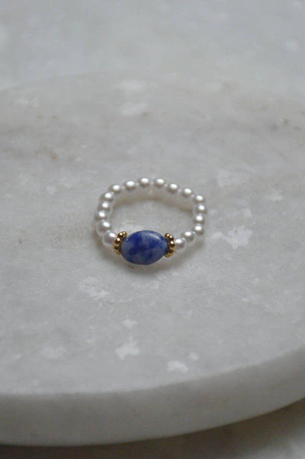 Faux pearl & blue stone ring