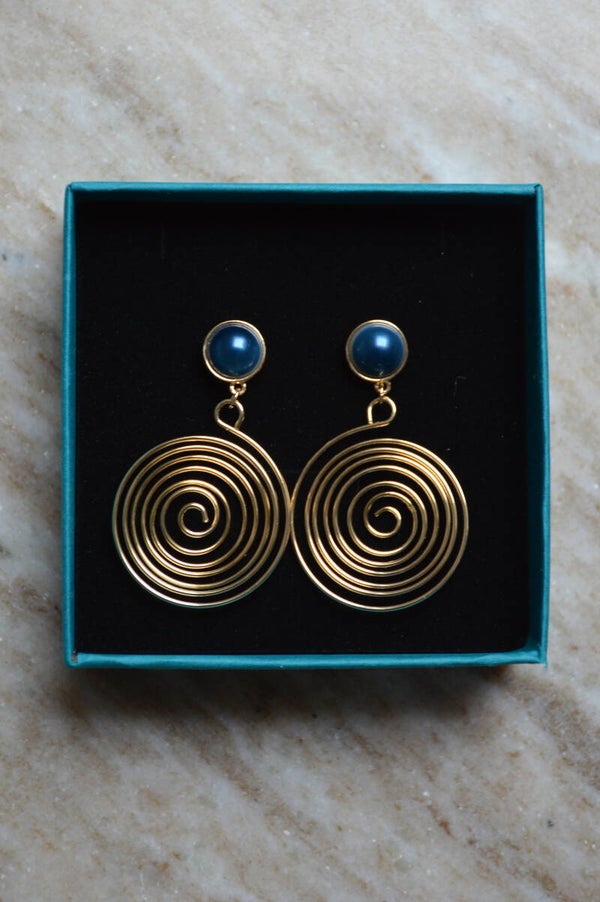 Gold & blue spiral earrings