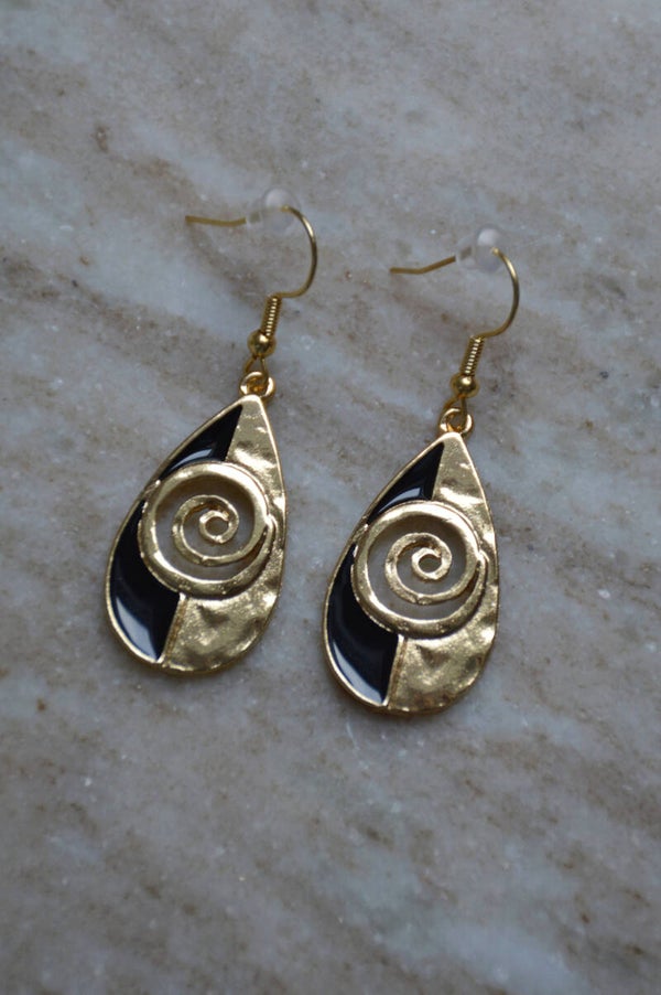 Black & gold swirl water drop earrings