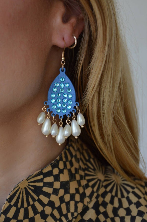 Blue wood & pearl earrings