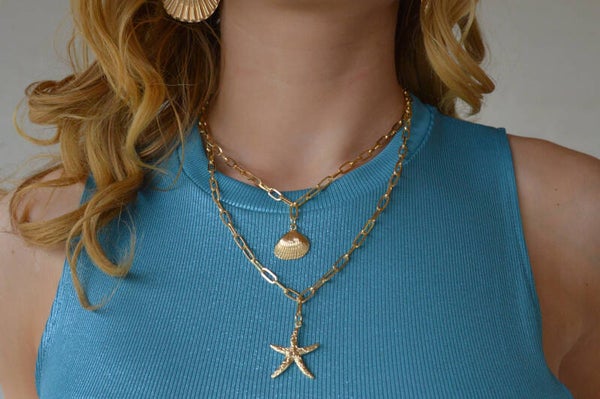 Layered starfish & shell necklace gold