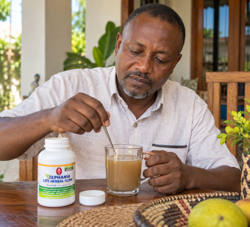 Mwanaume wa Kiafrika akikoroga na kunywa Diabeze Natural, dawa ya asili ya kisukari, akiwa nyumbani