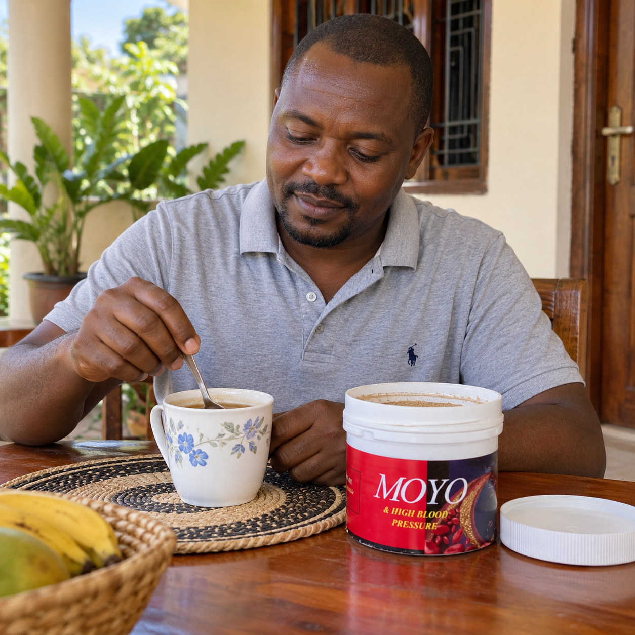 Mwanaume Mtanzania akikoroga dawa ya asili MOYO kwenye kikombe cha chai nyumbani, huku kopo la MOYO kwa ajili ya moyo na shinikizo la juu la damu likiwa wazi na mfuniko pembeni.