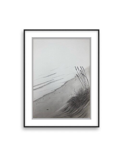 Beach Tranquility- Original Signed Charcoal Drawing by S. Jensen
