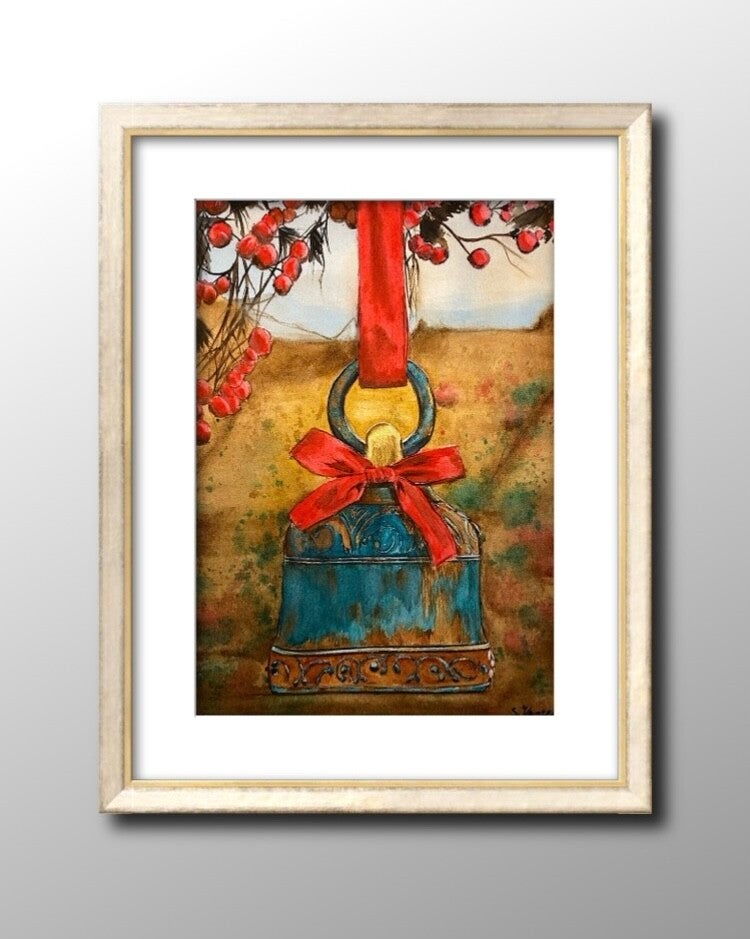 Festive winters Bell- Original Watercolor Painting by S.Jensen