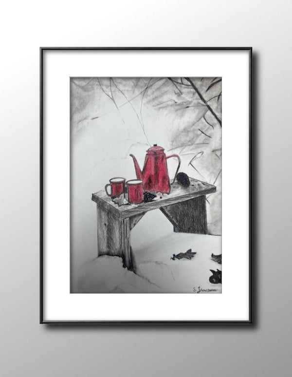Hot Drink in the Cold Weather-Charcoal Soft pastel Drawing by S. Jensen
