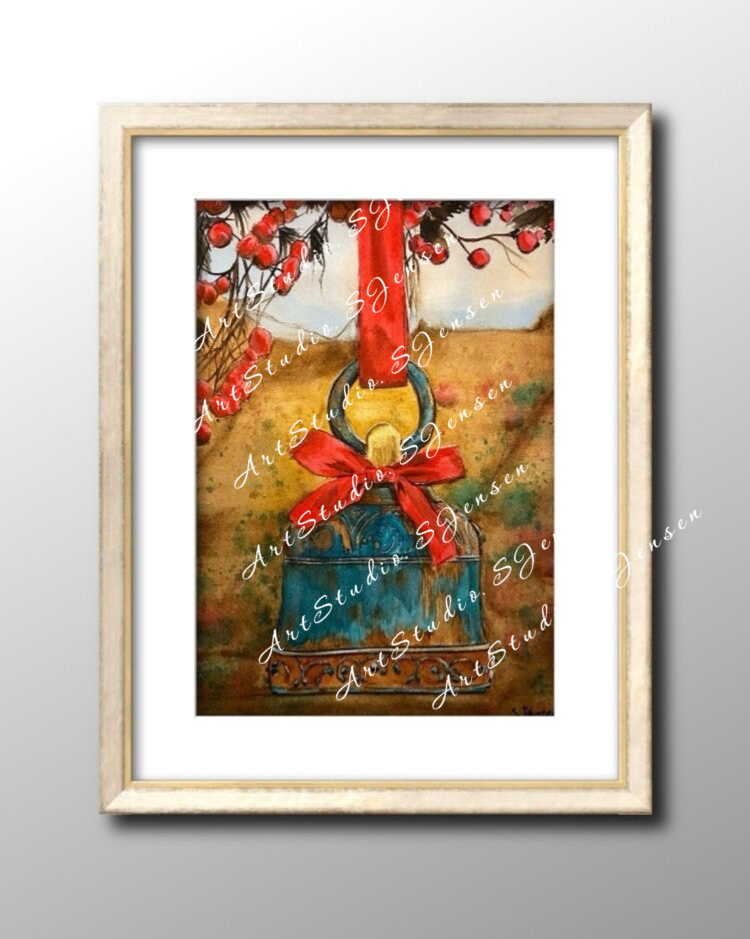 Festive winters Bell- Original Watercolor Painting by S.Jensen