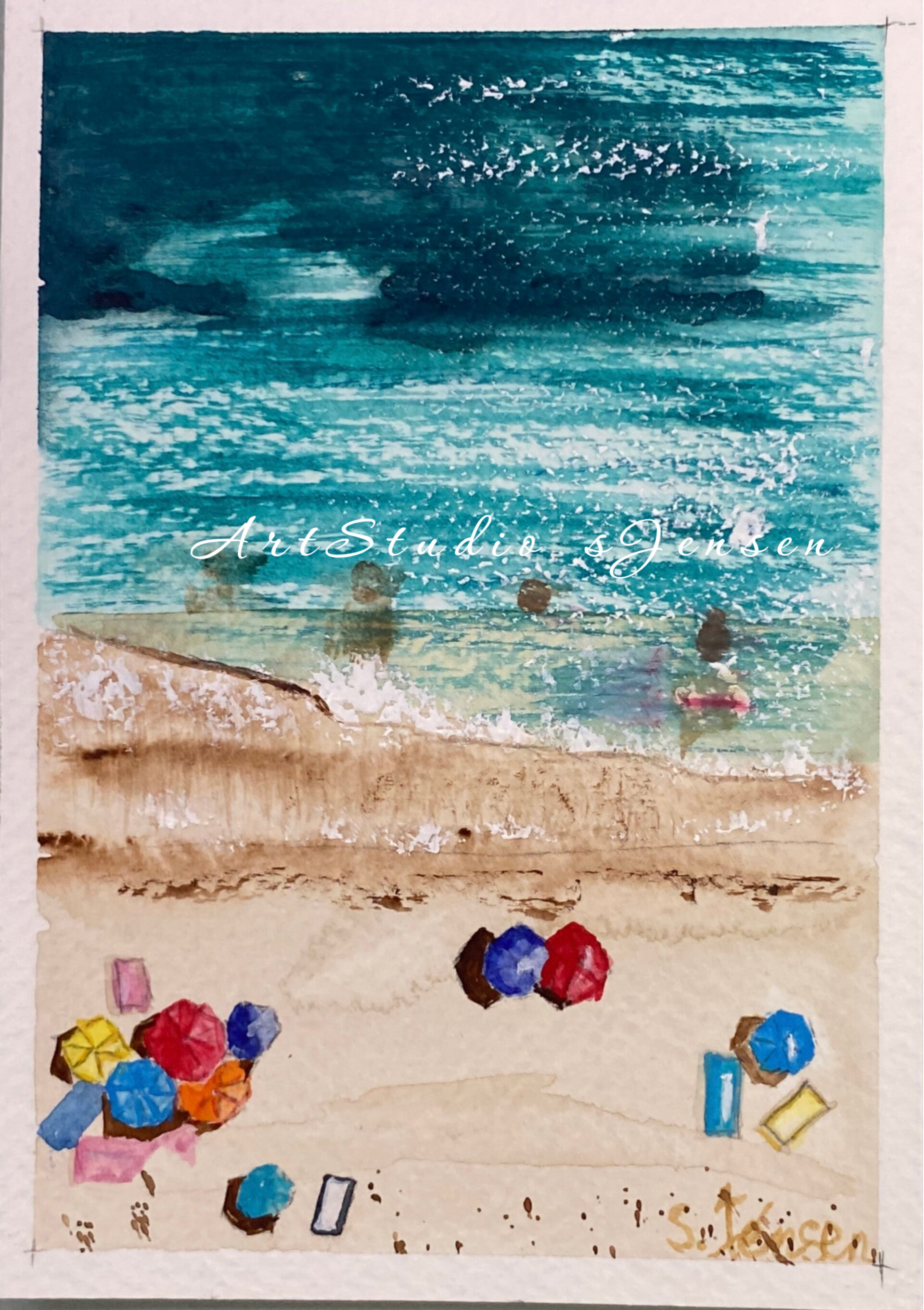 Handmade Watercolor Postcards with Beach– Set of 4 Signed by S.Jensen