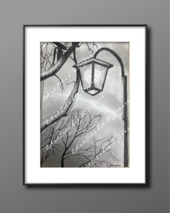 Street Light – Original Charcoal Drawing by S. Jensen