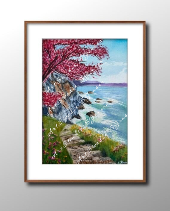 Blossoms by the Sea - Original Watercolor Painting by S. Jensen.
