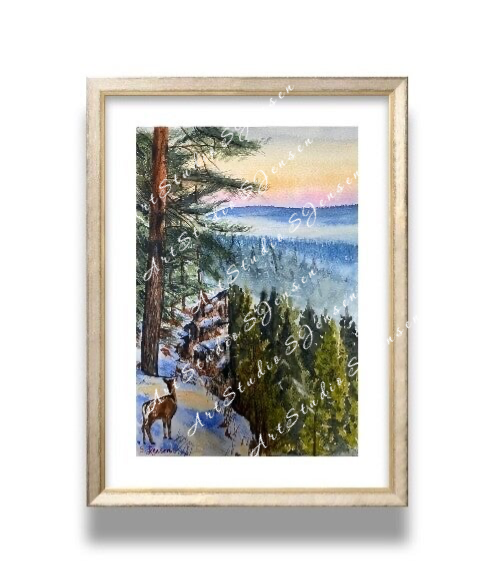 Rocky Forest Sunset- Original Signed Watercolor Painting by S. Jensen.