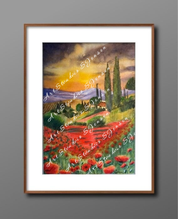 Sunset Over Poppy Valley – Original Watercolor & Pastel Painting by S.Jensen