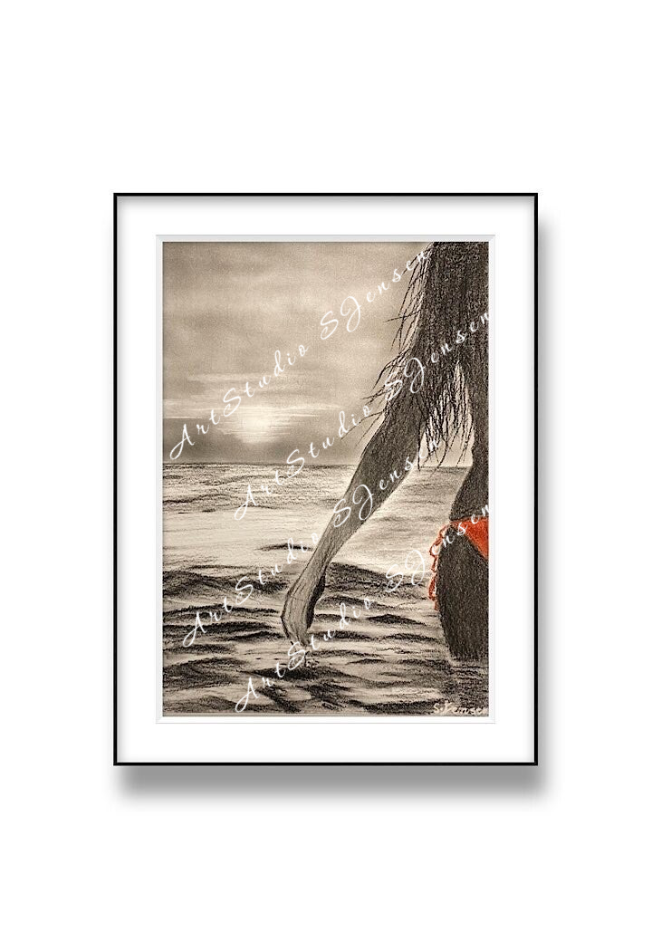 Warm Sunset Sea-Originsl Signed Charcoal Soft Pastel Drawing by S.Jensen