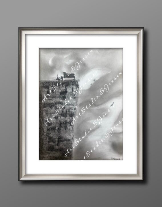 Play the piano above the Clouds- Original charcoal.   .  drawing by S.Jensen