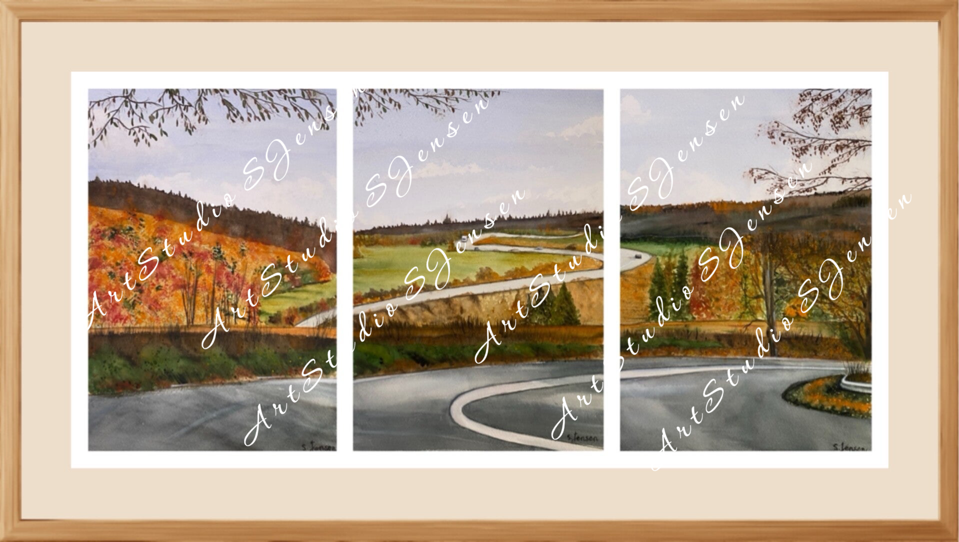 Autumn Road- Original Signed Three Panels Watercolor Painting by S.Jensen