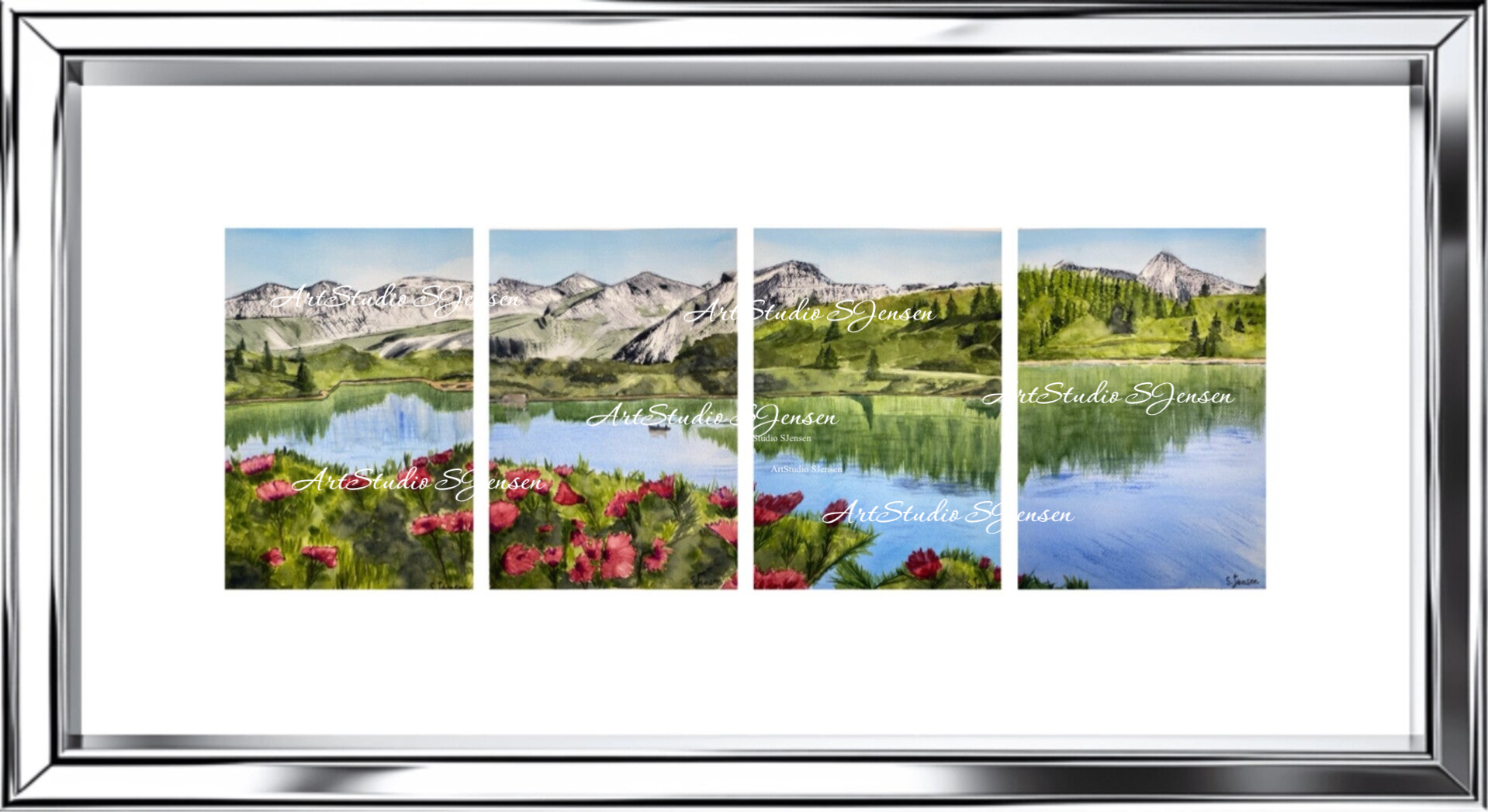Mountain Lake Flowers- Original signed Four -Panel Watercolor Painting by S.Jensen