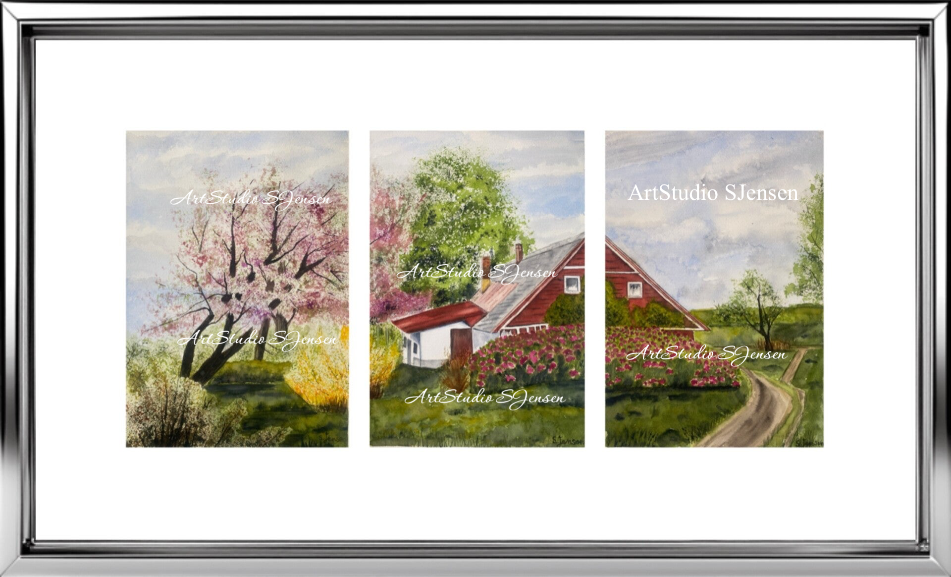 Where Spring Breathes in Soft Color-Original Signed Three Panels Watercolor Painting by S.Jensen