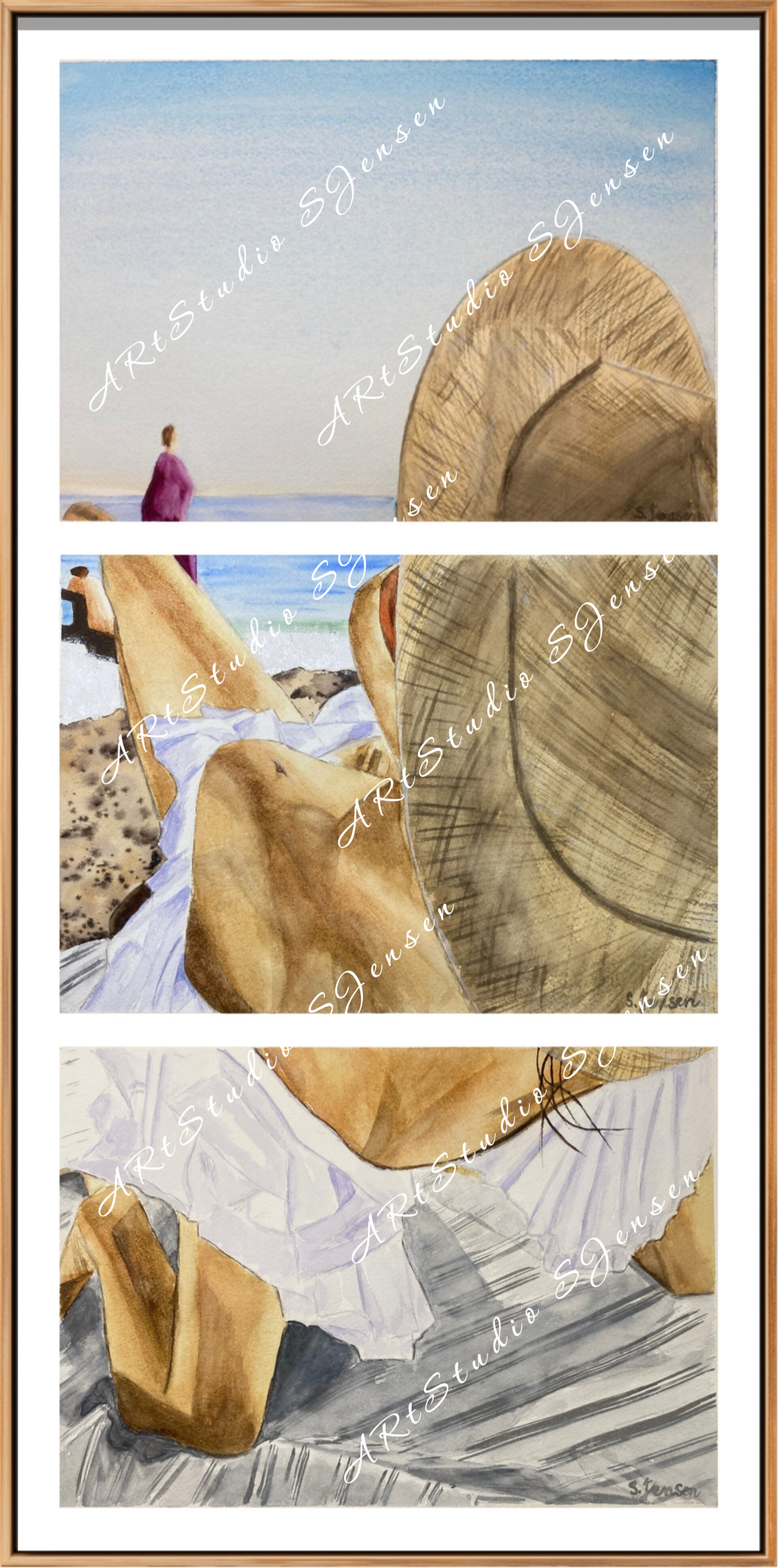 Beach Time - Original Signed Three Panels Watercolor Paining by S.Jensen