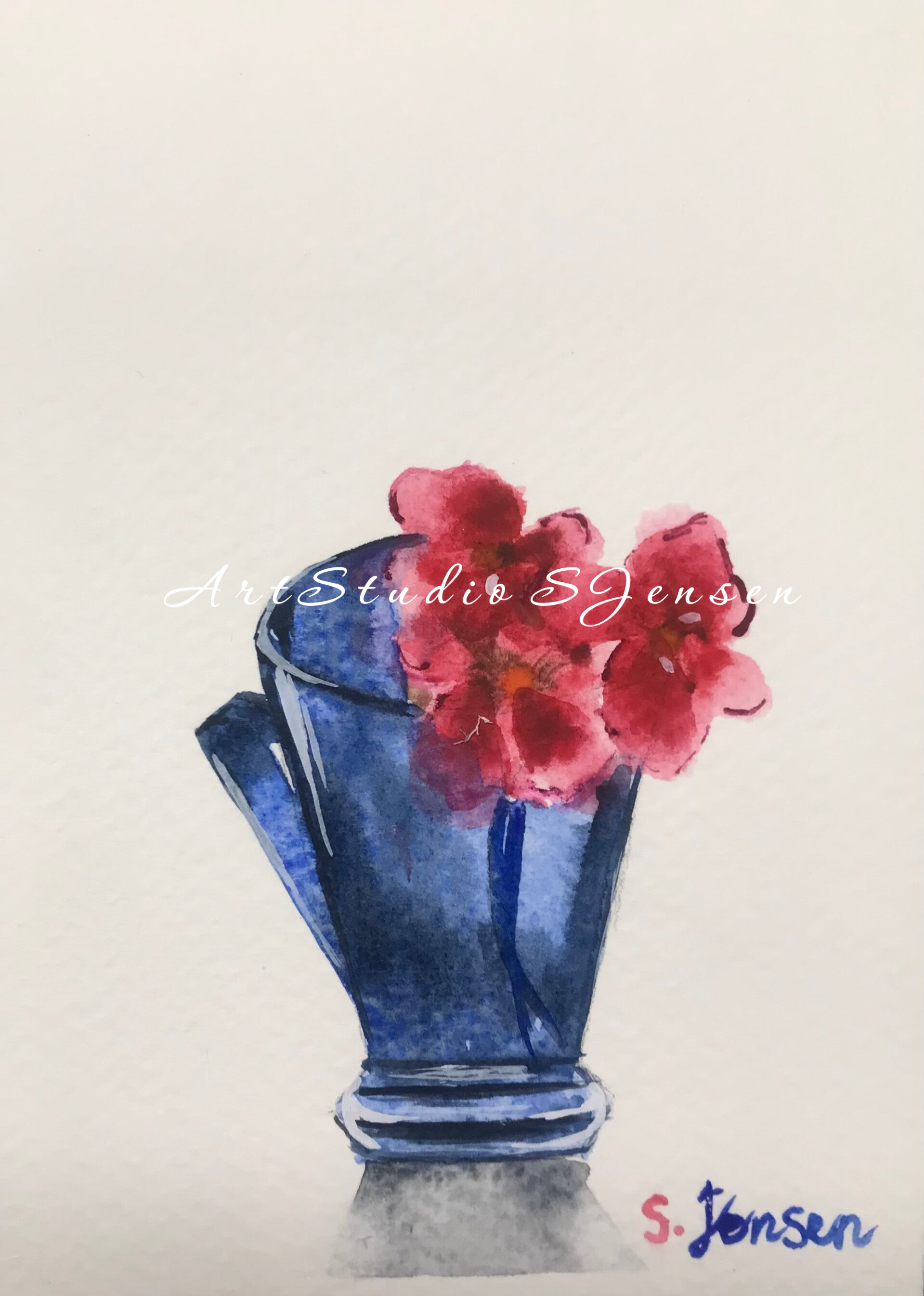Handmade Watercolor Postcards with blue cup and Flowers – Set of 4 Signed by S.Jensen