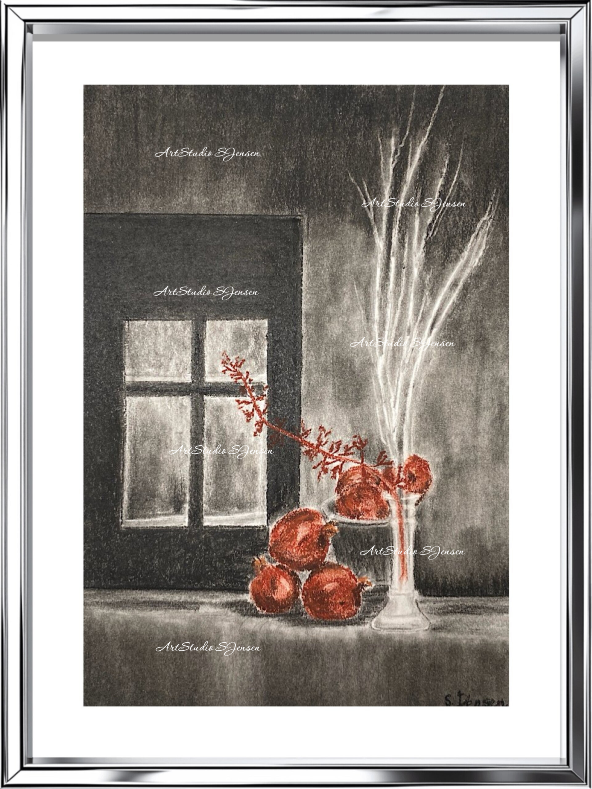 Black Red Still Life-Original Signed Charcoal Drawing by S.Jensen