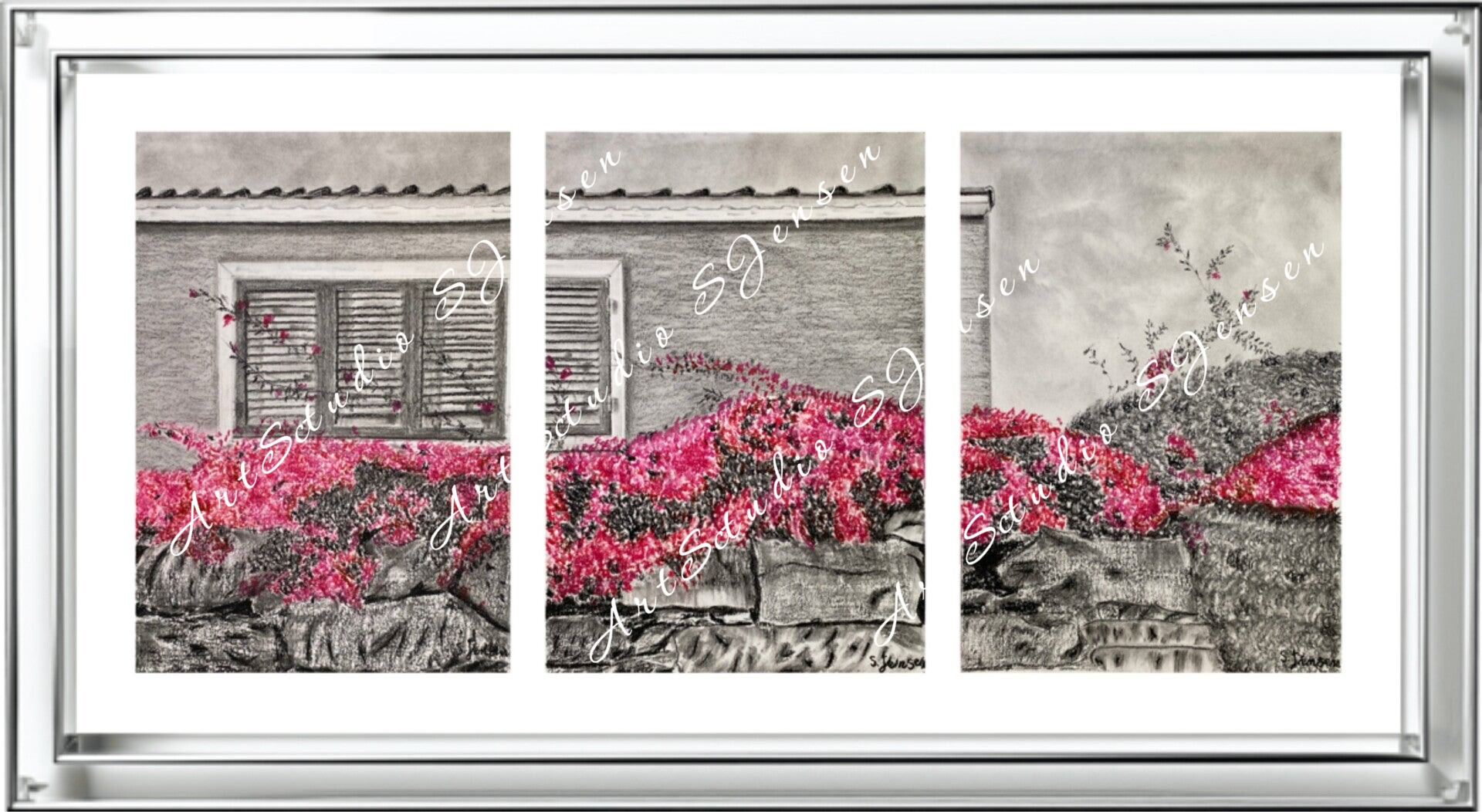 Stone wall in Flowers-Original Charcoal Soft Pastel Signed Three Panels Drawing by S.Jensen
