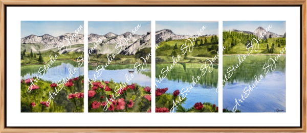 Mountain Lake Flowers- Original signed Four -Panel Watercolor Painting by S.Jensen