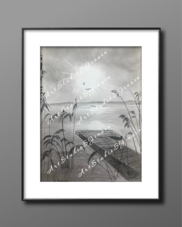 Sunset in the Meadow-Original Signed Charcoal Drawing by S.Jensen