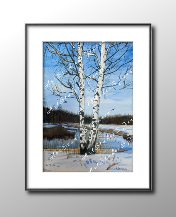 Winter landscape- Original Watercolor Painting by S. Jensen