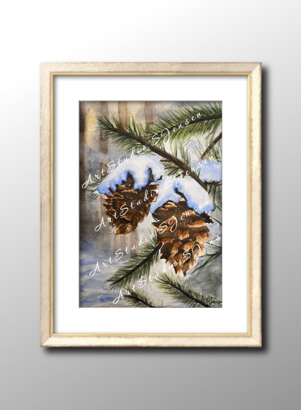 Winter Nestled in Pine- Original watercolor painting by S. Jensen