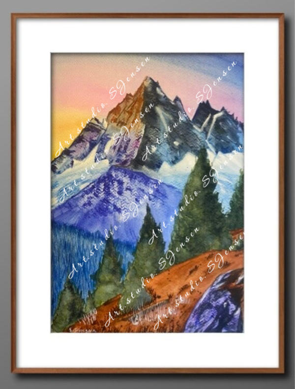 Snow-Capped Mountain Landscape – Original Watercolor by S. Jensen