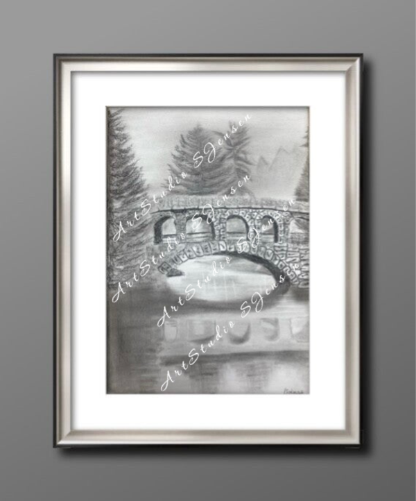 Stone Bridge Over Water- Original Charcoal Drawing by S. Jensen