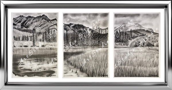 Whispers of the Valley- Oroginal Signed Three Panels Charcoal Drawing by S.Jensen
