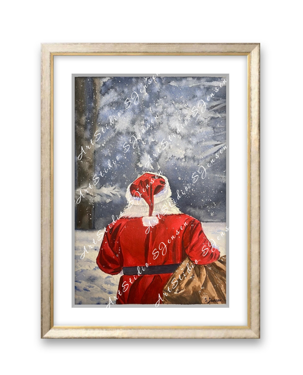 Santa Claus Winter Forest- Original Signed Watercolor Painting by S. Jensen