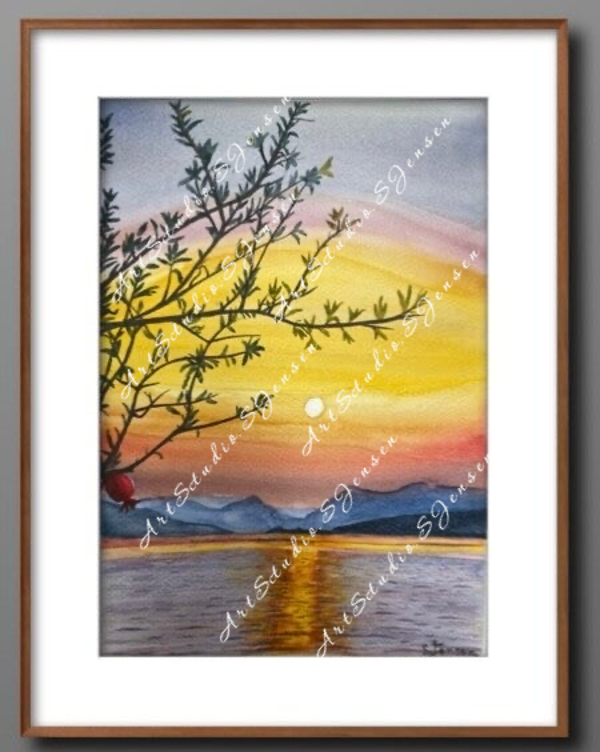 Sunset with Pomegranate- Original water color painting by S. Jensen