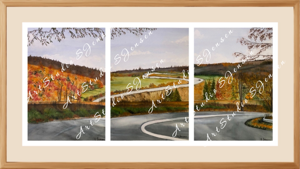 Autumn Road- Original Signed Three Panels Watercolor Painting by S.Jensen