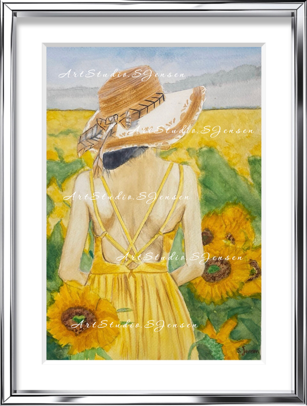 Sunny day in the sunflower field-Original Signed Watercolor Painting by S.Jensen