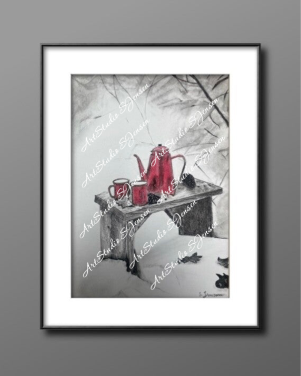 Hot Drink in the Cold Weather-Charcoal Soft pastel Drawing by S. Jensen