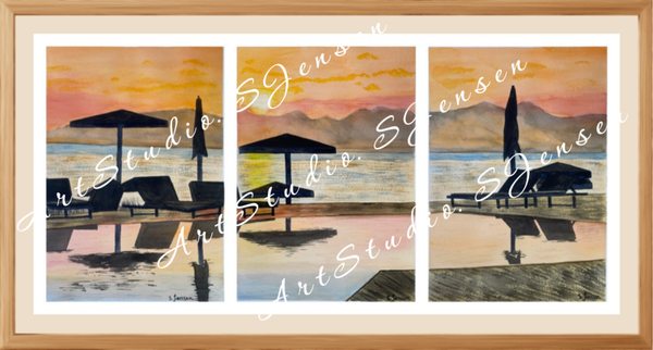 In the Mirror of Sunset- Original Signed Three Panels Watercolor Paining by S.Jensen