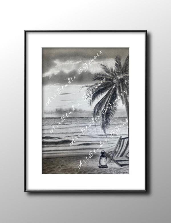 Sunset at the sea in summer- Original Signed Charcoal Drawing by S.Jensen